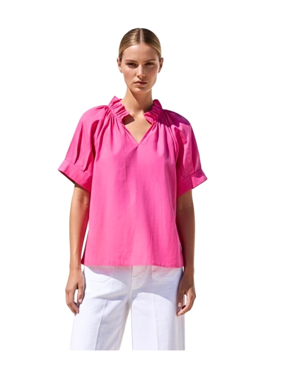 Sofia Blake Gathered V-Neck Ruffle Top Hot Pink Made in Italy NWT XS/S